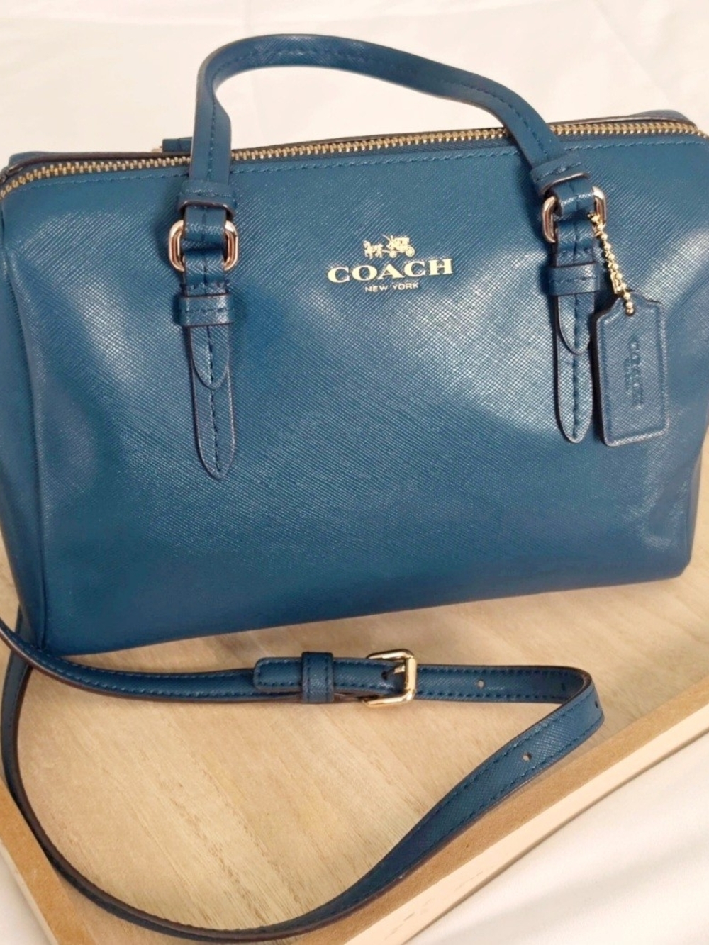 COACH New York Teal Saffiano Leather Satchel